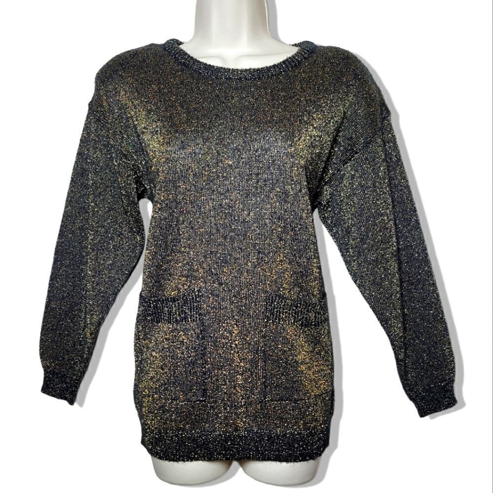 Carducci Sweater Ribbed Vintage Black & Gold Metallic Knit Scoop Neck
